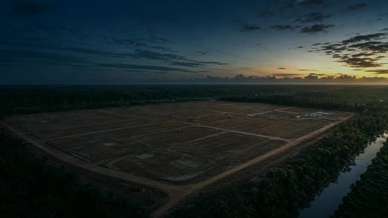 Aerial view of a prepared development site at dusk, graded and laid out for construction beside rainforest.