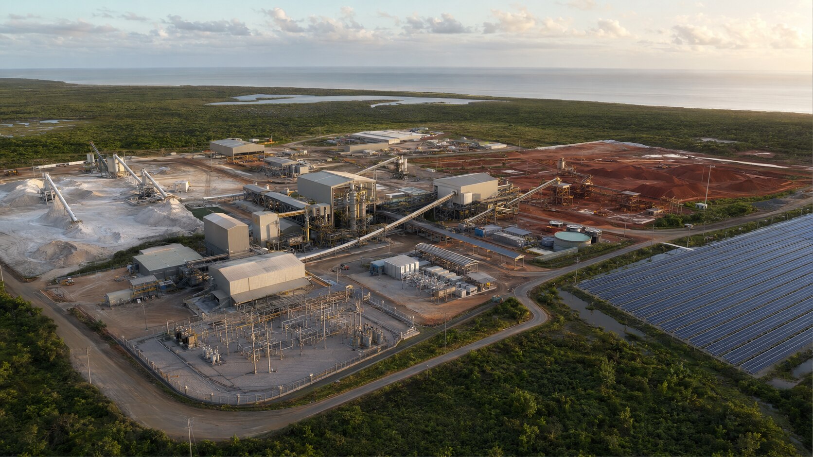 Aerial view of an integrated processing campus with mineral stockpiles, conveyors, a substation and an adjacent solar field.
